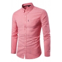 Basic Mens Plain Shirt Button Closure Chest Pocket Turn-down Collar Regular Fit Shirt