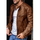 Modern Guys Jacket Stand Collar Pure Color Pocket Long Sleeves Zip down Leather Jacket