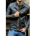 Trendy Mens Leather Jacket Stand Collar Wash Effect Pocket Detail Zip Placket Leather Jacket