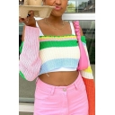 Trendy Girls Sweater Striped Pattern Off the Shoulder Long Sleeve Cropped Sweater
