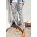 Classic Ladies Pants Leopard Print Drawstring Elastic Waist Ankle Length Slim Fit Pants