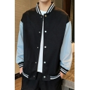 Casual Mens Jacket Stripe Print Button Closure Stand Collar Long Sleeve Relaxed Baseball Jacket