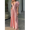 Stylish Womens Jumpsuits Solid Color Puff Sleeve Deep V Neck Loose Fit Jumpsuits
