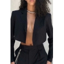 Hot Womens Striped Blazer Notched Lapel Collar Open Front Regular Fit Cropped Blazer