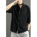Fashionable Guy's Shirt Pure Color Half Sleeve Regular Fit Stand Collar Button down Shirt