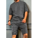 Chic Mens Co-ords Plain Round Neck Short Sleeve T-Shirt Flap Pockets Shorts Two Piece Set