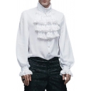 Retro Mens Shirt Plain Long Sleeve Button Closure Stand Collar Ruffle Tie Regular Fitted Shirt
