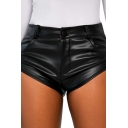 Chic Ladies Shorts Plain PU Leather Zipper Fly High Waist Hot Pants