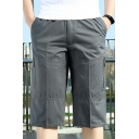 Modern Mens Shorts Plain Elastic Waist Mid Rise Zipper Pockets Cargo Shorts