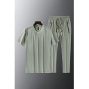 Vintage Boy's Set Solid Color V Neck Short Sleeve T-shirt with Fitted Drawstring Pants Set