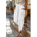 Classic Women Pants Pocket Detail High Waist Elastic Ankle Length Loose Tapered Pants