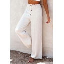 Creative Ladies Pants Solid Color Loose Fit Long Length Mid Rise Button Placket Pants