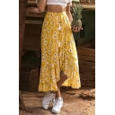 Retro Ladies Asymmetrical Skirt Tied High Waist Flower Print High Low Skirt in Yellow