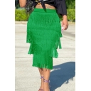 Fashion Skirt Solid Color Elastic Waist Tassel Detail Skinny Midi Skirt for Women