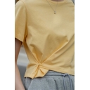 Casual Ladies T-Shirt Solid Crew Neck Short Sleeve Button Detail Cropped T-Shirt