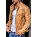 Basic Mens Jacket Solid Color Stand Collar Zip Closure Pocket Detail Leather Jacket