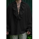 Mens Fashion Shirt Solid Spread Collar Ruffle Frill Long Sleeves Relaxed Cross Lace Shirt