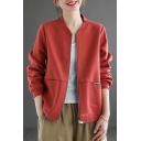 Leisure Womens Jacket Plain Stand Collar Zipper Fly Flap Pockets Long Sleeve Jacket