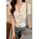 Stylish Womens Cardigan V Neck Pure Color Colorful Button Short Sleeve Slim Fit Cardigan