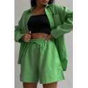 Trendy Womens Co-ords Spread Collar Plain Button Up Shirt & Elastic Waist Shorts Loose Fit Co-ords