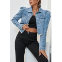 Elegant Womens Jacket Plain Chest Pockets Long Puff Sleeve Single Breasted Cropped Denim Jacket