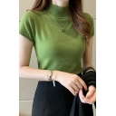 Leisure Womens Knit Top Pure Color Mock Neck Cap Sleeve Knit Top