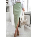 Boyish Ladies Skirt Pure Color Beading Design High Waist Split Front Midi Length Skirt
