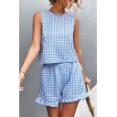 Casual Womens Co-ords Striped Print Round Collar Sleeveless Top Ruffles Detail Shorts Co-ords