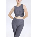 Gym Ladies Co-ords Round Collar Knotted Sleeveless Crop Top & High Waist Pants Two-Piece Set