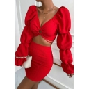 Sexy Womens Plain Co-ords V Neck Belt Back Hollow Ruched Crop Top with Bodycon Mini Skirt Set