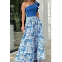 Fancy Womens Set Plain One Shoulder Puff Sleeve Tee & Flower Print Flared Maxi Skirts Co-ords