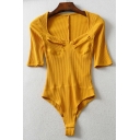 Leisure Womens Cotton Bodysuit Solid Color Sweetheart Neck Half Sleeve Slim Fit Ribbed Bodysuit