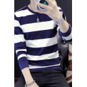 Stylish Mens Sweatshirt Stripe Pattern Round Neck Rib Cuffs Sweatshirt
