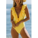 Classic Womens Bodysuit Deep V Neck Hollow Detail Sleeveless Bodysuit with Ruffles