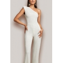 Luxury Womens Jumpsuits Solid Color One Shoulder Sequined Slim Fit Jumpsuits