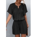 Daily Womens Rompers Plain Button Up Drawstring Waist Short Sleeve Rompers