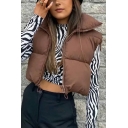 Street Ladies Padded Vest Solid Color Stand Collar Regular Fit Cropped Vest with Drawstring