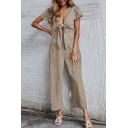 Casual Womens Jumpsuits Plain V-Neck Short Sleeve Bow Pleated Wide Leg Jumpsuits