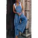 Women Urban Jeans Pure Color Pocket Long Length Oversized Sleeveless Overalls Jeans