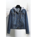 Casual Ladies Hooded Denim Jacket Drawstring Button Fly Fake Two Pieces Denim Jacket with Flap Pockets