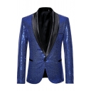 Men Casual Suit Blazer Contrast Panel Sequin Detail Button Closure Pocket Detail Suit Blazer