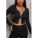 Sexy Ladies Sweater Plain Round Neck Zipper Fly Long Sleeve Cropped Sweater