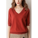 Simple Ladies Sweater Plain V-Neck Half Sleeve Relaxed Sweater