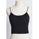 Basic Womens Cami Top Spaghetti Straps Pure Color Cropped Cami Top With Chest Pad
