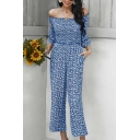 Retro Cropped Jumpsuits Floral Pattern Off the Shoulder Jumpsuits for Women