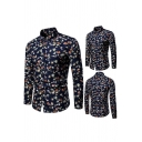 Daily Mens Shirt Floral Print Button Closure Turn-down Collar Regular Fitted Shirt in Navy