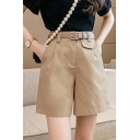 Trendy Ladies Shorts Plain Zipper Fly High Waist Loose Shorts（Included Belt)