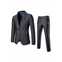 Men Vintage Suit Set Plain Lapel Collar Button Closure Pocket Detail Blazer and Pants Set in Grey