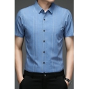 Retro Shirt Contrast Stripe Turn-down Collar Short Sleeve Skinny Button Fly Shirt for Guys
