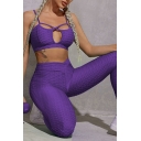 Womens Yoga Suit Plain Quick Dry Spaghetti Strap Hollow Out Cami Tee & Pants Two-Piece Co-ords